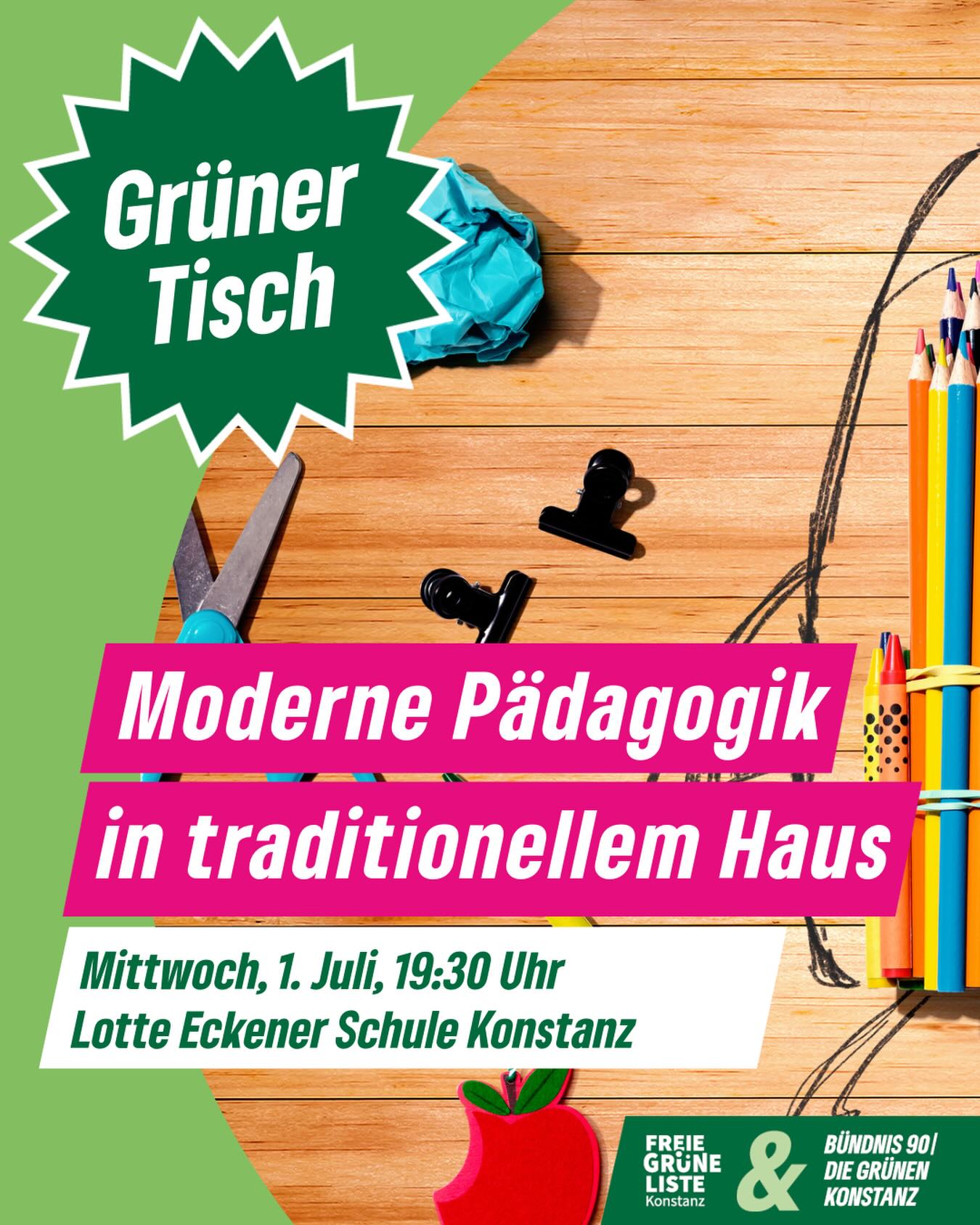 Der nächste „Grüne Tisch“ findet am Mittwoch, dem 1. Juli, ab 19:30 Uhr vor Ort an der Gemeinschaftsschule Lotte Eckener am Zähringerplatz statt.   Die Gemeinschaftsschule Lotte Eckener startete als zweite Gemeinschaftsschule in #Konstanz neben der Gebhardschule im Schuljahr 2022/2023 und übernahm die Räume der auslaufenden Theodor-Heuss-Realschule. Die Schule bietet den Hauptschulabschluss sowie den Realschulabschluss an und ermöglicht den Übergang zur gymnasialen Oberstufe der Gebhardschule bzw. zu beruflichen Gymnasien.  Wir Grüne engagieren uns für Gemeinschaftsschulen, da dort mit Hilfe progressiver Pädagogik individuelle Förderung ermöglicht und eine frühzeitige Selektion auf verschiedene Bildungsgänge vermieden wird. So wird ein Betrag zu mehr Bildungsgerechtigkeit geleistet.  Vor diesem Hintergrund möchten wir uns vor Ort mit der Schulleitung Frau Simone Berwanger über Herausforderungen und Perspektiven der Gemeinschaftsschule Lotte Eckener austauschen. Ebenfalls angefragt sind der Gesamtelternbeirat sowie das städtische Bildungsamt.