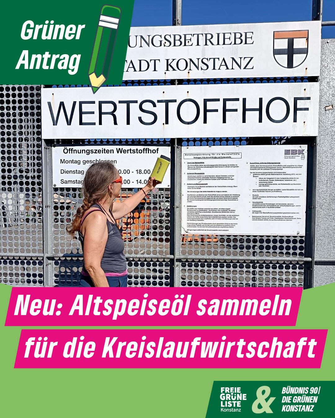 Konstanz setzt auf Kreislaufwirtschaft 🔄  Altspeiseöl wird zum wertvollen Rohstoff. Mit einem gezielten Antrag haben wir das Thema der Altspeiseöl-Entsorgung in Konstanz ins Rollen gebracht. Ziel ist es, die Infrastruktur unserer Stadt zu schützen und gleichzeitig ökologische Potenziale zu heben. Die Stadtverwaltung reagiert nun konstruktiv auf diesen Impuls und erkennt die Notwendigkeit an, die Sammlung von Altfetten massiv zu intensivieren. ✊  Die aktuellen Zahlen sind ein Weckruf: In #Konstanz werden derzeit weniger als 20 Gramm Speiseöl pro Einwohner und Jahr gesammelt. Zum Vergleich: In Orsingen-Nenzingen sind es dank eines optimierten Systems stolze 320 Gramm. Dieser gewaltige Unterschied zeigt, dass das Potenzial in Konstanz riesig ist, sofern die Hürden für die Entsorgung im Alltag gesenkt werden. Denn Altspeiseöl ist kein Abfall, sondern eine wichtige Ressource für die Herstellung klimafreundlicher Bio-Kraftstoffe. Aus einem Liter Altspeiseöl können  0,7 l Bio-Diesel gewonnen werden!  Die Verwaltung schlägt nun einen pragmatischen Weg vor: Statt vollautomatischer Rückgabestationen sollen spezielle Sammelbehältnisse in Kombination mit einem Pfandsystem eingeführt werden. Wir begrüßen diesen Vorschlag ausdrücklich. Wenn die richtige Flasche direkt in der Küche steht, wird das Sammeln zur einfachen Routine statt zu einer lästigen Pflicht.  Parallel dazu soll die Öffentlichkeitsarbeit verbessert und die Sichtbarkeit der Sammelstellen erhöht werden. Eine bessere Kommunikation über soziale Medien und Presse ist ein entscheidender Schritt, um die Bürger*innen für dieses Thema zu sensibilisieren und die Sammelquote nachhaltig zu steigern.  Wir freuen uns auf die Umsetzung dieses modernen Kreislaufsystems. Weg von der „Wegwerf-Mentalität“ im Abfluss, hin zu einer Vorreiterrolle für Konstanz in Sachen Ressourcenschonung und Umweltschutz.