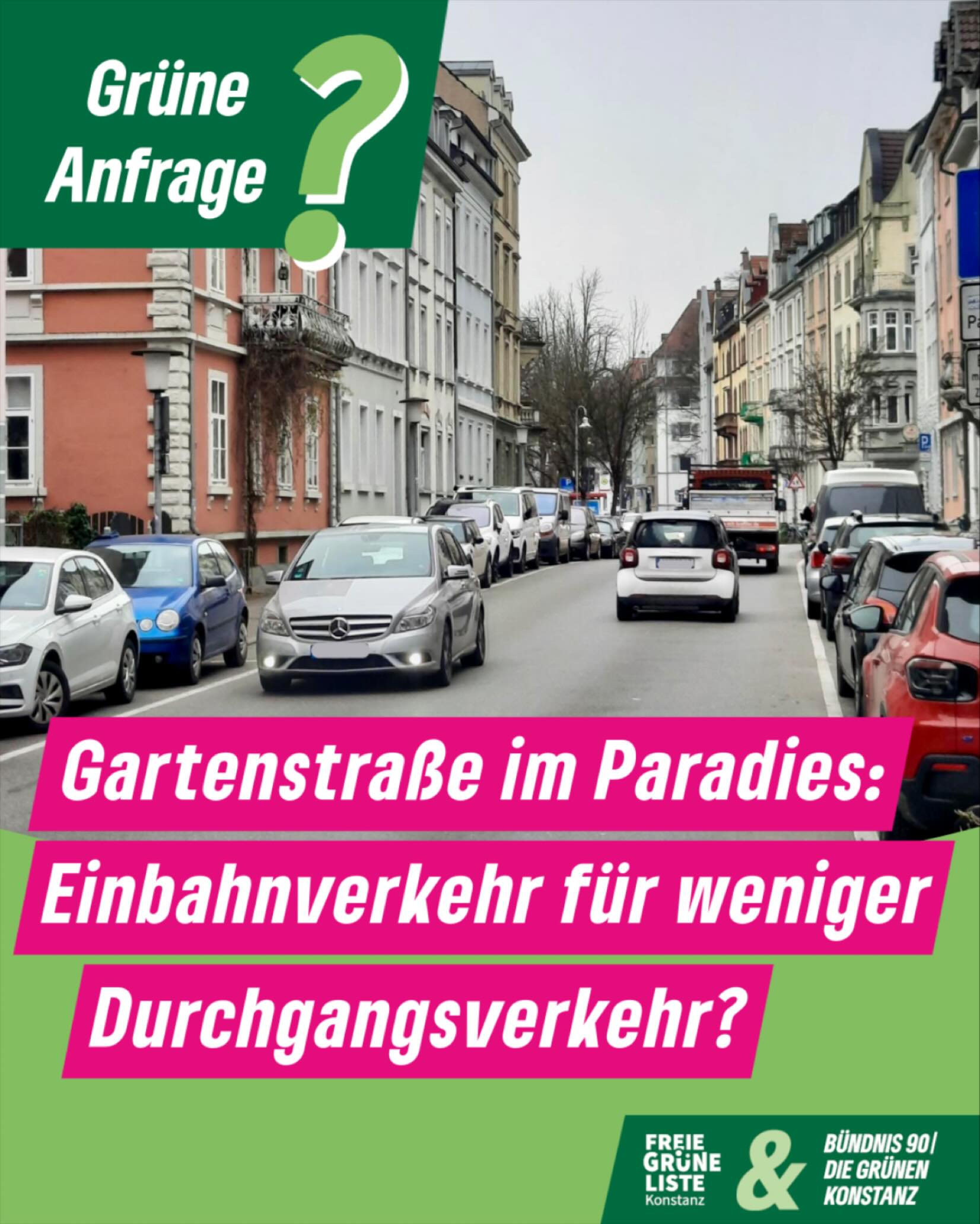 Der Durchgangsverkehr muss raus aus der Gartenstraße! 🚙  Anwohner*innen leiden unter dem viel zu hohen Verkehrsaufkommen, unter Lärm, Erschütterungen und unsicheren Straßenverhältnissen.  Deswegen haben wir einen Antrag auf Ausweisung als Anliegerstraße für den letzten Technischen und Umweltausschuss gestellt. Denn seit Langem klagen die Anwohner der Gartenstraße über den starken Verkehr, Gestank und Lärm, aber auch über Erschütterungen durch schwerere Fahrzeuge und somit Schäden an ihren Häusern.  Die Verwaltung hatte den Antrag schon im Vorfeld negativ beschieden. Sie führte aus, die Gartenstraße sei eine Sammelstraße, weswegen sie nicht zur Anliegerstraße gemacht werden könne. Den Status Quo wollen wir aber nicht hinnehmen und haben nun eine Anfrage an das Baudezernat gestellt, ob man aus der Gartenstraße eine Einbahnstraße in Richtung Ost-West machen könne. So könnte der Verkehr gut aus
der Innenstadt abfließen und die Anwohner hätten deutlich weniger Verkehr.  Auf Nachfrage meinte Baubürgermeister Karl Langensteiner-Schönborn schriftlich, er würde die Idee in die Verwaltung einspeisen und sie würden eine „erste Einschätzung versuchen“. #Konstanz  Was wünscht Du Dir für die Gartenstraße?