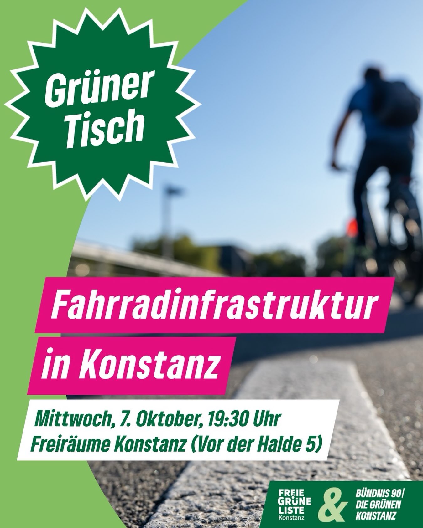Konstanz ist eine Fahrradstadt 🚲💚  Ca. 40 Prozent der Wege innerhalb von #Konstanz werden mit dem Rad zurückgelegt!  Aber wie sieht es eigentlich aus mit der Infrastruktur für Radelnde? 
Haben wir ausreichen Fahrradwege?
Wo gibt es kritische Stellen im Radnetz, was sind anstehende Planungen für die näheren Zukunft
Welche Rolle nimmt in diesem Rahmen ein Fahrradparkhaus ein?  Zu all diesen und weiteren Fragen rund ums Fahrrad wollen wir informieren und uns austauschen beim Grünen Tisch Fahrradinfrastruktur.  Einen Input gibt der Fahrradbeauftragte der Stadt Konstanz Gregor Gaffga, danach bleibt Zeit für Fragen und Diskussion.  Die Veranstaltung findet statt am Mittwoch, 7. Oktober um 19.30 Uhr in den Freiräumen in der Hofhalde, Ecke Vor der Halde.