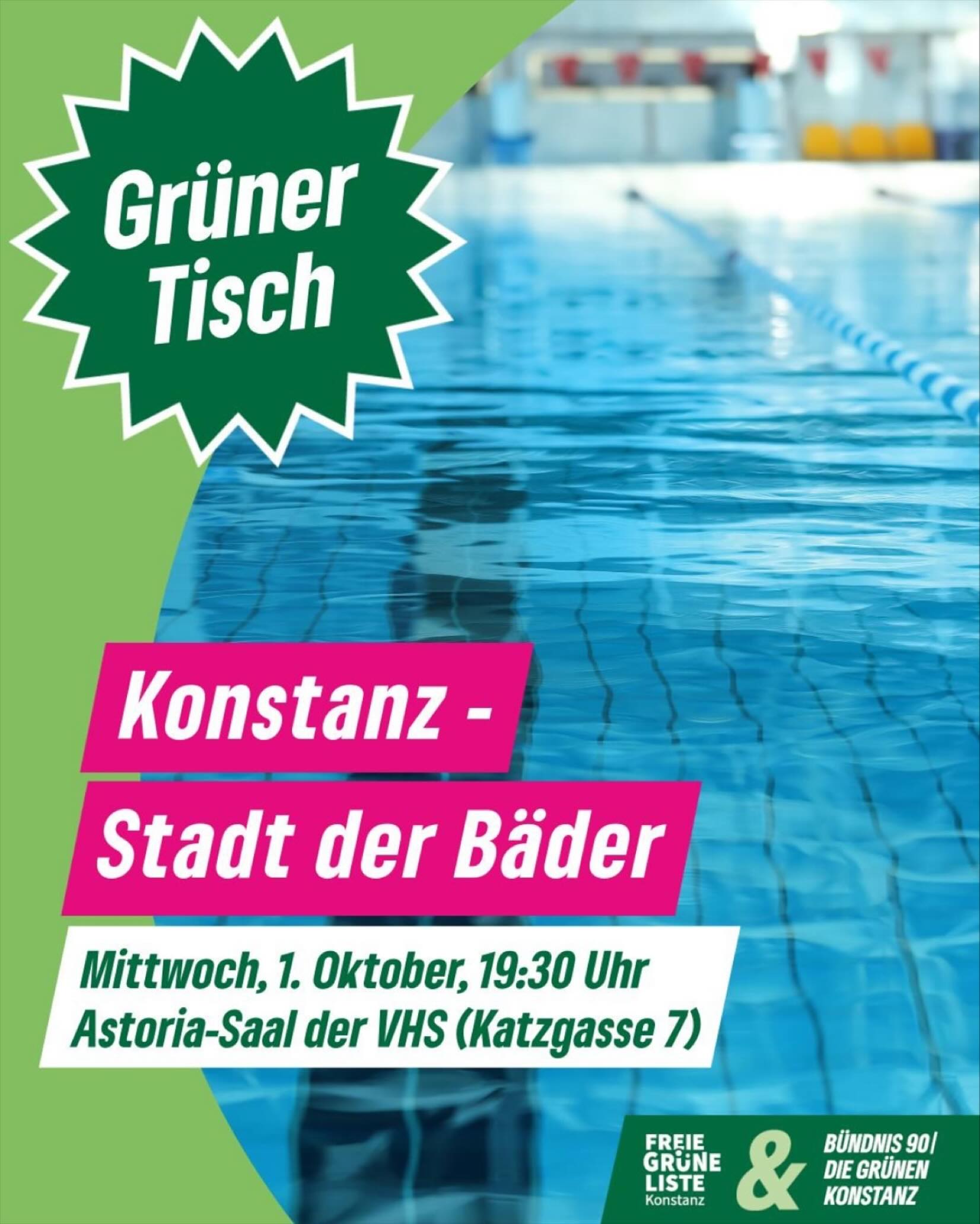 🌻 Konstanz - Stadt der Bäder 🌻  Es ist wieder soweit:
💚 Am Mittwoch, 1. Oktober und 19.30 Uhr im Astoriasaal der VHS (Katzgasse 7) findet der Grüne Tisch statt 💚  #Konstanz hat mit seinen Stadtteilen sieben Bäder und bietet den Bürger*innen sowie den zahlreichen Gästen damit eine herausragende Bade-Infrastruktur. Allerdings bewirkt der Kostendruck mittlerweile Einschränkungen bei den Öffnungszeiten und höhere Eintrittspreise. Beim Grünen Tisch wollen wir mit Konstanzerinnen und Konstanzern und dem ✨Geschäftsführer der Bädergesellschaft Konstanz , Julian Meser, ✨ darüber sprechen, wie die Bäder attraktiv bleiben können. Wir sind gespannt auf viele neue Ideen.