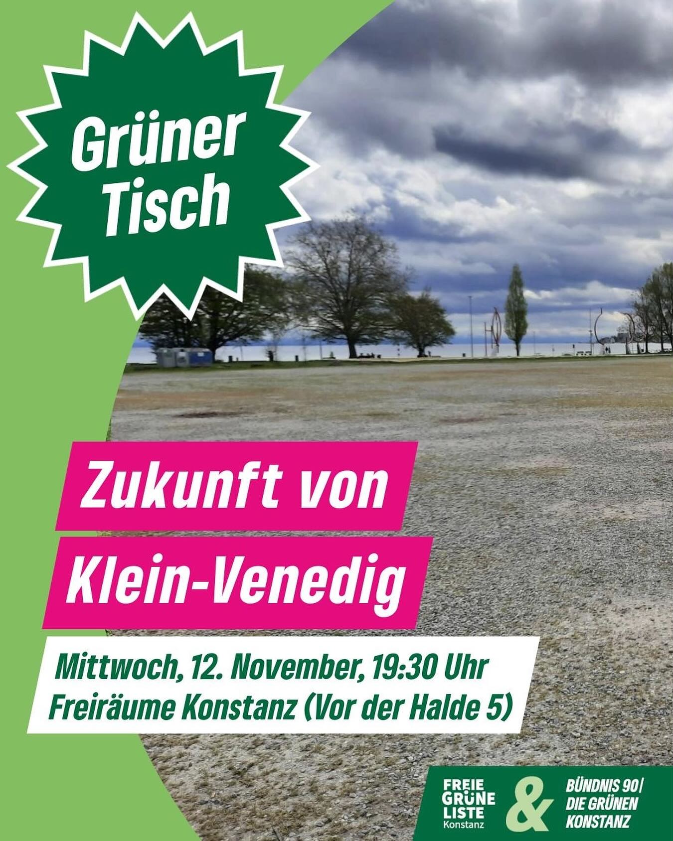 Wie soll Klein-Venedig weiterentwickelt werden? 🌿🎉  Größtenteils ungenutzt und vernachlässigt – so präsentiert sich Klein-Venedig, eigentlich ein Filetstück am See in #Konstanz. Warum geht es dort trotz vieler Planungen nicht schneller voran, was könnte man alles aus dieser Fläche machen? Was braucht es, damit sich junge Menschen, Familien und auch Ältere dort wohlfühlen können und das Klein-Venedig mit Leben füllen?  Phantasie und vielleicht auch Anpacken sind gefragt, denn Geld aus dem städtischen Haushalt ist nicht zu erwarten. Für alle, die Lust haben, Ideen zu einer Aufwertung des Geländes zu entwickeln, laden wir als Fraktion zum nächsten Grünen Tisch ein: Mittwoch, 12.November 2025 um 19.30 Uhr in den Freiräumen (Von der Halde 5)
