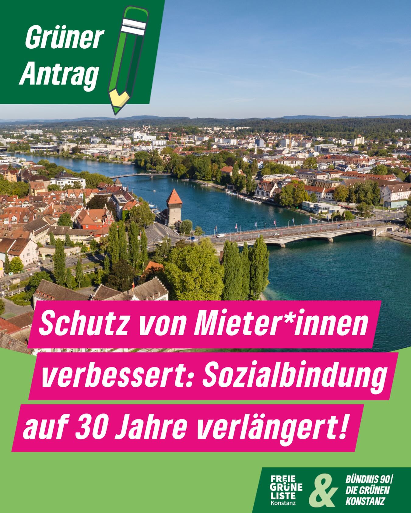 Wohnen in Konstanz ist zu teuer - wir wollen die Mieter*innen stärker schützen 🏘  Im Rahmen der Evaluierung des Handlungsprogramm Wohnen hat der Gemeinderat beschlossen, bei Neubauten die Quote für sozialen Wohnraum von bisher 30% auf 50% auszuweiten.  Auf unseren Antrag hin wurde außerdem beschlossen, die Sozialbindung auf 30 Jahre - bislang 25 Jahre - auszuweiten! Das heißt, die Wohnungen müssen jetzt 30 Jahre an Menschen mit Wohnberechtigungsschein vergeben werden. So erleichtern wir finanziell schwächer gestellten Menschen und Familien den Zugang zu bezahlbarem Wohnraum.  Gemeinsam für mehr bezahlbaren Wohnraum in #Konstanz!